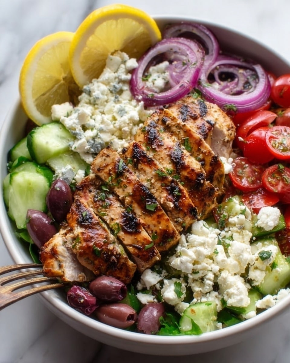 A white plate on a white marbled surface holds a colorful salad with grilled chicken breast sliced into strips and placed on the right side. Below the chicken are small bright red cherry tomatoes, and sprinkled around are chunks of crumbly white cheese. On the top left side, thin slices of purple onion curl slightly, next to dark green cucumber pieces and black olives. The salad layers have varied textures, including soft cheese, juicy tomatoes, and grilled meat with visible grill marks. photo taken with an iphone --ar 4:5 --v 7