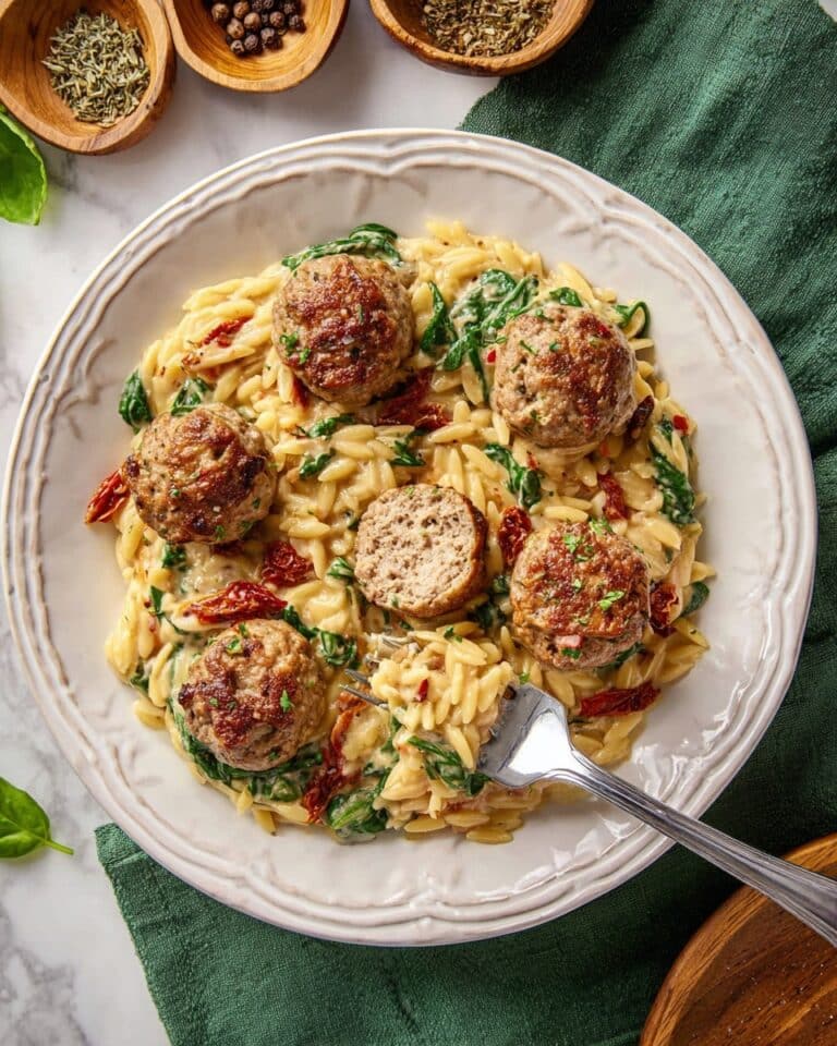One Pan Baked Pesto Orzo with Chicken Meatballs Recipe