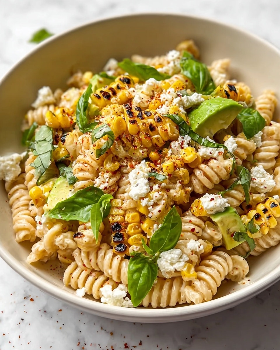 A white bowl filled with spiral pasta as the base layer, a light cream color with a smooth texture, topped with scattered charred yellow corn kernels that have a slightly blackened surface adding a smoky look. On top of that, there are small white crumbles of soft cheese spread unevenly, with green fresh basil leaves scattered, some whole and some torn, adding bright green color. There are a few slices of green avocado with a smooth texture placed on one side. The dish is sprinkled with a reddish spice powder giving a dash of red contrast, all placed on a white marbled surface, photo taken with an iphone --ar 4:5 --v 7