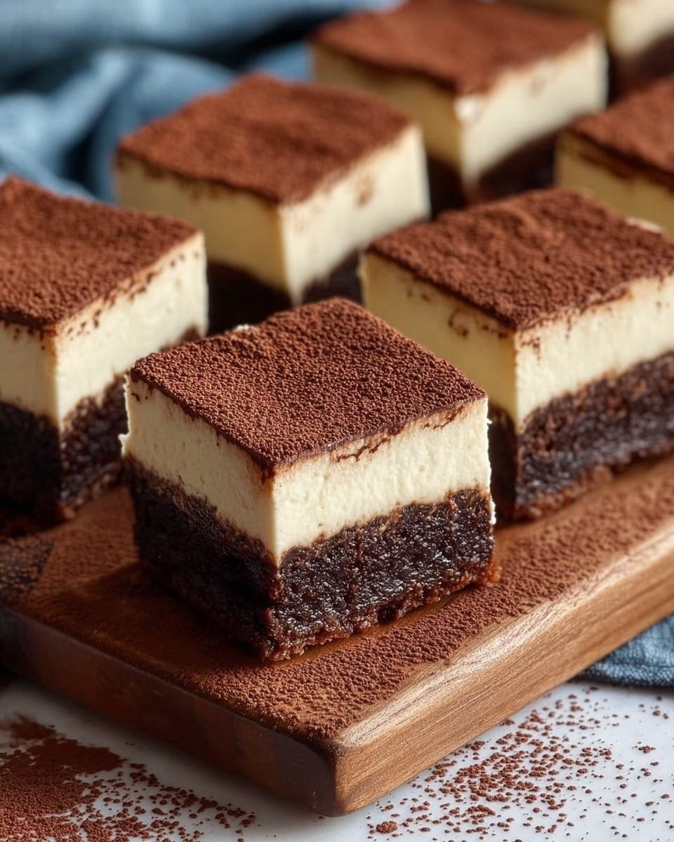 A close-up view of several square dessert bars arranged neatly on a wooden board, each bar showing two clear layers: a thick, dark brown chocolate cake base with a moist texture, topped by a smooth, creamy off-white layer that looks soft and light. The top surface of the creamy layer is evenly dusted with a fine layer of dark cocoa powder, giving a rich brown color with a slightly rough texture. The wooden board also has some scattered cocoa powder around the bars, adding to the rustic feel. The background includes a soft blue cloth, and the overall setting is on a white marbled surface. photo taken with an iphone --ar 4:5 --v 7
