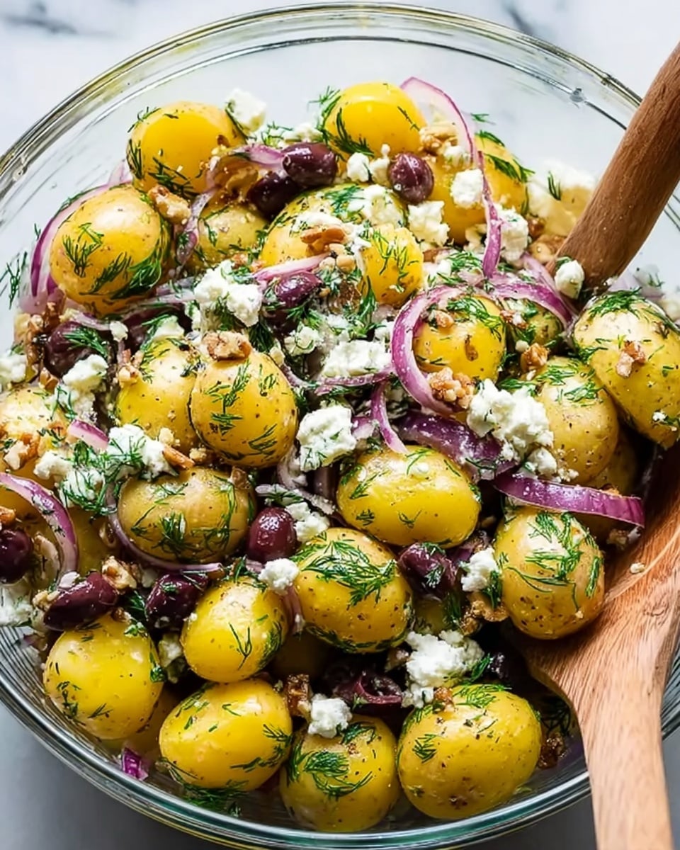 The image shows a clear glass bowl filled with a colorful salad placed on a white marbled surface. The salad has several layers, starting with whole small yellow potatoes at the base, some halved to show their soft inside. Scattered among the potatoes are thin slices of red onion with a shiny texture, pieces of dark purple olives, and small clumps of crumbly white cheese. Green dill leaves are sprinkled all over, adding bright color and a fresh look. There is a wooden spoon resting inside the bowl on the right side, mixing the ingredients. photo taken with an iphone --ar 4:5 --v 7