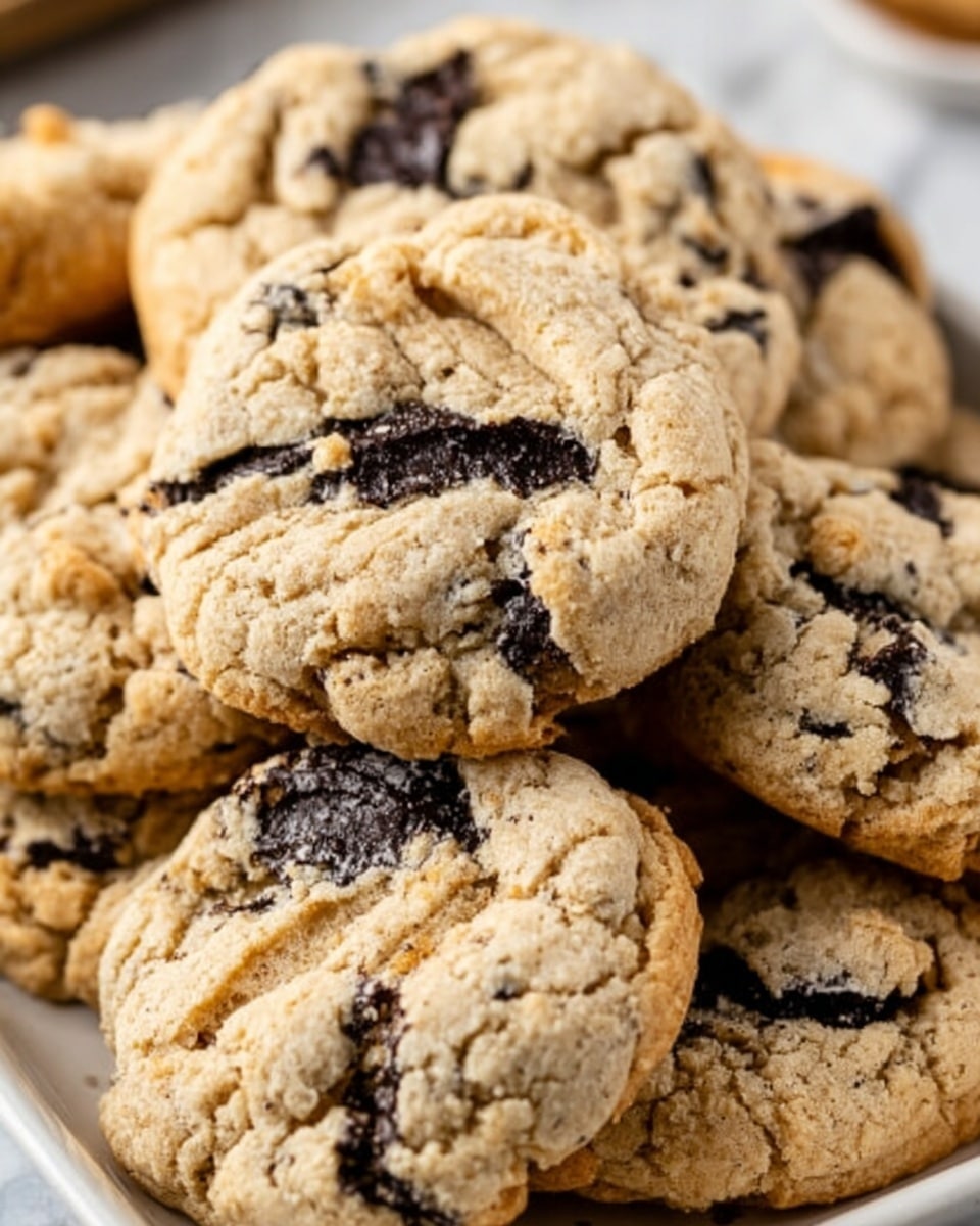 The image shows a close-up view of a group of chunky cookies piled together in a white tray. Each cookie has a rough texture with visible crinkles and small cracks on the surface, and they are light brown in color with dark chunks of chocolate embedded throughout. The cookies look soft and slightly thick, with some edges slightly crisped. The background is a white marbled texture, subtly visible around the tray. photo taken with an iphone --ar 4:5 --v 7