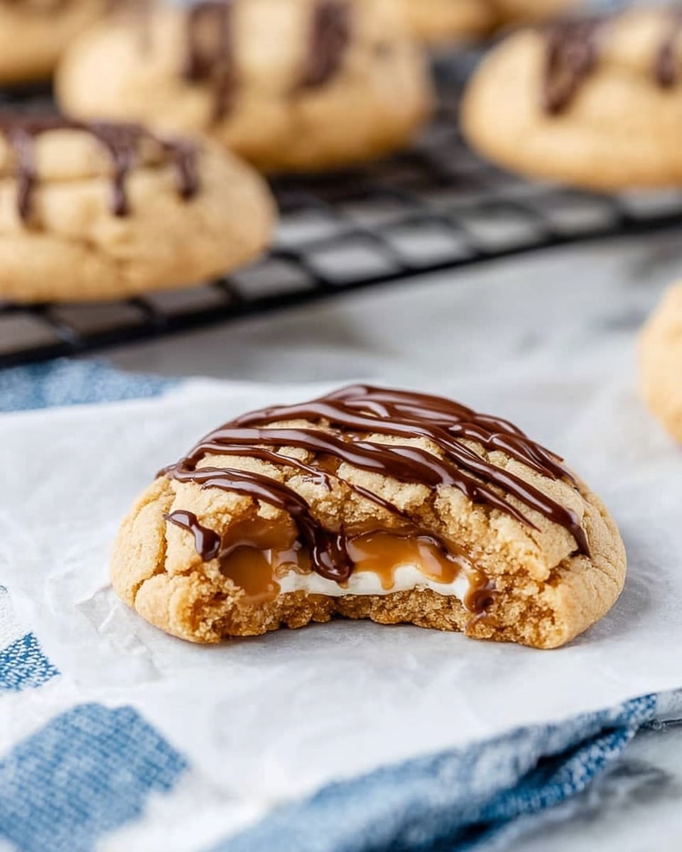 A single round cookie with a golden brown color sits slightly cracked, showing a gooey caramel and a white chocolate center inside, with three thick dark chocolate drizzles on top. The cookie rests on a white piece of parchment paper placed on a white marbled surface with a blue and white striped cloth partially visible below. In the background, several similar cookies sit on a black wire cooling rack out of focus. photo taken with an iphone --ar 4:5 --v 7