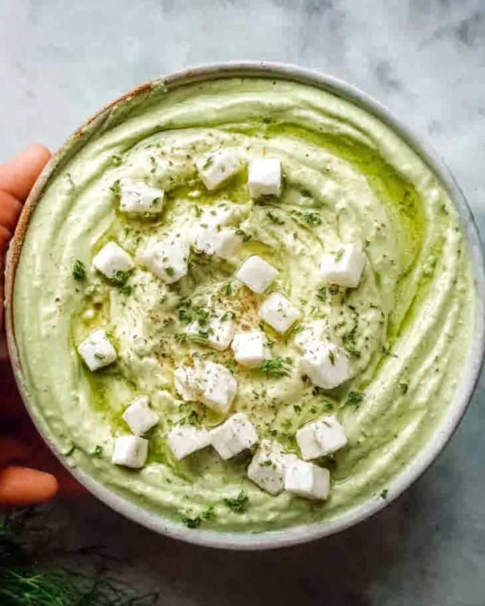 This image shows a bowl of creamy green dip with a smooth texture. The dip has a swirl pattern on top, made with a lighter green sauce, and is sprinkled with small white cheese cubes evenly spread over the surface. There are tiny green herb pieces scattered on the cheese and dip, adding a fresh look. The bowl is white and sits on a white marbled textured surface. A woman's hand is seen holding the bowl from the side. Photo taken with an iphone --ar 4:5 --v 7