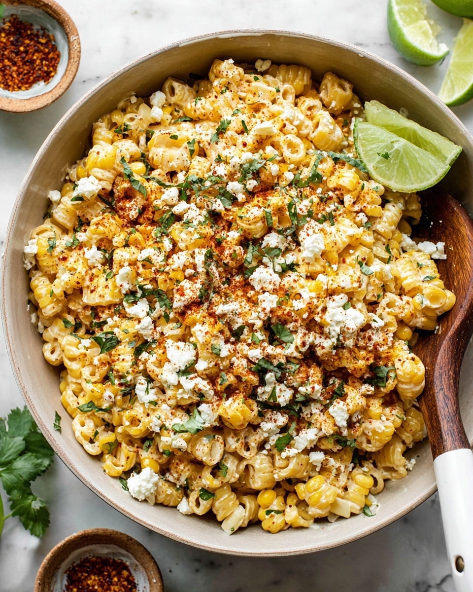 The image shows a white bowl filled with a layered corn salad dish. The bottom layer is small pasta tubes mixed with grilled corn pieces, which have a slightly charred yellow and brown look. There is a creamy sauce coating the pasta and corn, making them shiny. On top, there are small white crumbles of cheese scattered all over, sprinkled with red chili powder and fresh chopped green herbs. Two lime wedges rest on the side of the bowl, adding a green contrast. A wooden spoon with a white handle is placed inside the bowl on the right side, resting on the creamy mixture. The bowl is set on a white marbled surface with some small bowls and lime slices partially visible around it. Photo taken with an iphone --ar 4:5 --v 7
