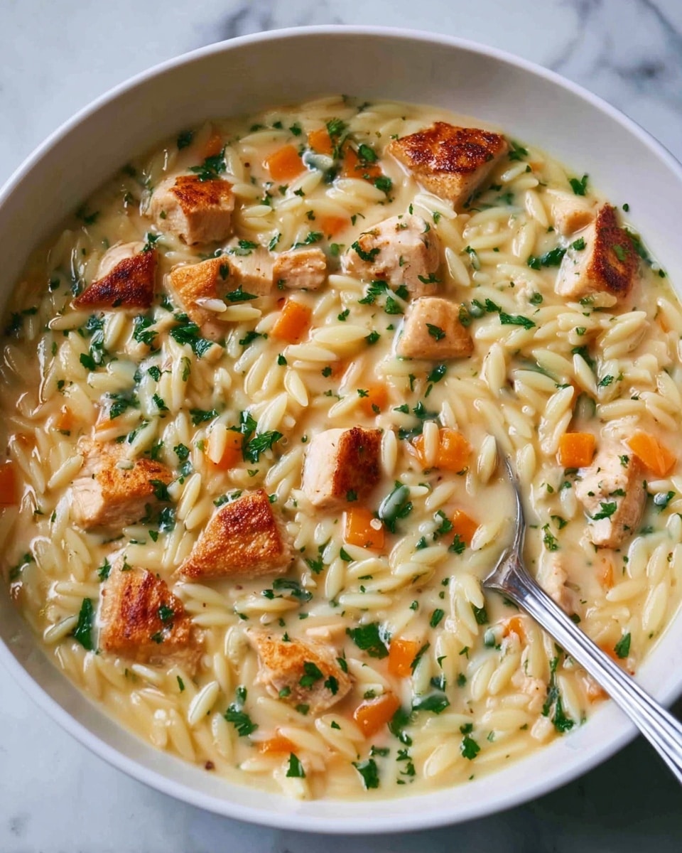 A close-up view of a thick creamy soup served in a white bowl, filled with small orzo pasta pieces that are light yellow with a soft texture. Large chunks of golden-brown cooked chicken are scattered through the soup, adding a crispy contrast. Small orange carrot cubes and green chopped parsley are mixed throughout, adding bright color. A silver spoon rests inside the bowl on the right side, partially submerged. The background shows a white marbled surface, enhancing the fresh and clean look of the dish. Photo taken with an iphone --ar 4:5 --v 7