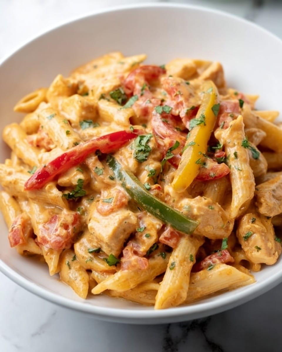The image shows a white plate filled with creamy pasta, made of short, tube-shaped pasta pieces covered in a light orange sauce. Mixed into the pasta are visible chunks of chicken, cooked to a golden brown, along with strips of green, red, and yellow bell peppers, adding bright colors to the dish. Tiny bits of herbs are scattered over the top, giving a touch of green contrast. The dish sits on a white marbled surface, making the colors stand out vividly. photo taken with an iphone --ar 4:5 --v 7