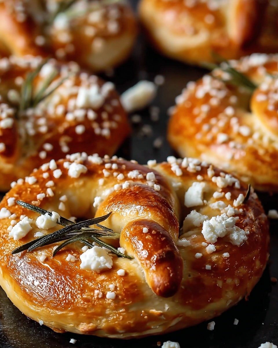 The image shows close-up soft pretzels with a shiny golden-brown crust topped with coarse white salt and white crumbly cheese pieces. Several dark green rosemary sprigs are scattered on top of the pretzels, adding texture and color contrast. The pretzels have a twisted knot shape and sit closely together on a dark surface with some slight shine. The background is softly blurred with more pretzels visible. The lighting highlights the glossiness and texture of the pretzels. photo taken with an iphone --ar 4:5 --v 7