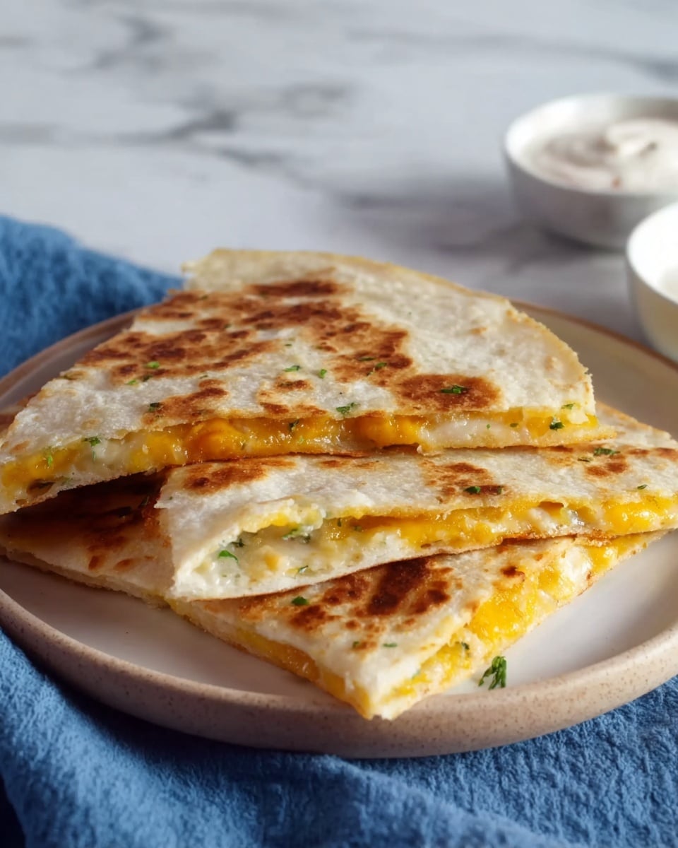 The image shows three triangular pieces of quesadilla stacked on a round white plate. Each quesadilla piece has a thin, golden-brown grilled tortilla layer on top and bottom with a slightly crispy texture, showing some darker brown char marks. Between the tortillas, there is one visible layer of melted yellow cheese with small green herb specks running through it. The plate is placed on a blue cloth resting on a white marbled surface. On the right edge of the image, there is a small white bowl partially in view, holding a creamy white dip. Photo taken with an iphone --ar 4:5 --v 7