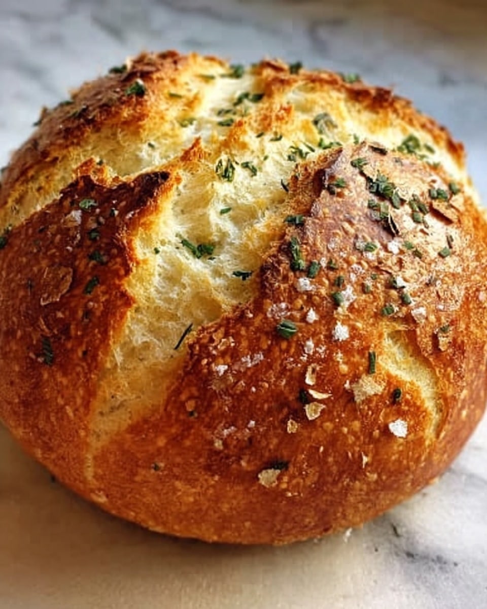 A round loaf of bread with a shiny golden-brown crust sits on a white marbled surface. The crust is cracked open in several places, revealing the soft, pale yellow inside. Small green herb leaves are sprinkled thickly on the top, giving it a textured look. The bread has a well-baked, slightly rough surface with some darker brown spots where the crust is crispier. Photo taken with an iphone --ar 4:5 --v 7