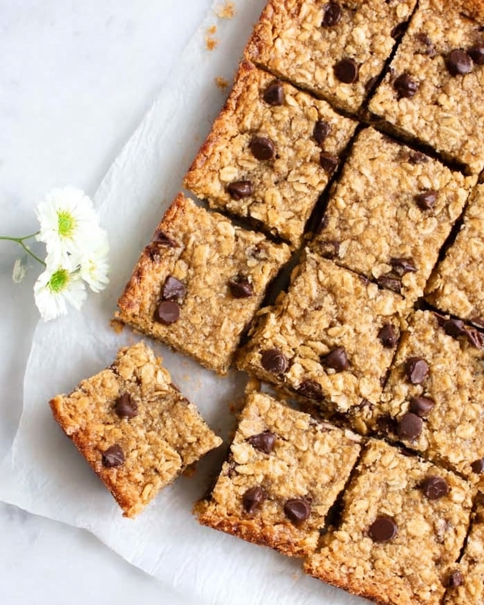 The image shows a close-up of a baked tray of chocolate chip oat bars cut into neat square pieces. The bars have a golden brown top layer with visible oat flakes and scattered dark chocolate chips throughout. One bar is slightly pulled out from the tray, revealing a dense, chewy texture inside. The bars rest on white parchment paper placed on a white marbled surface with a small white flower nearby for decoration. Photo taken with an iphone --ar 4:5 --v 7
