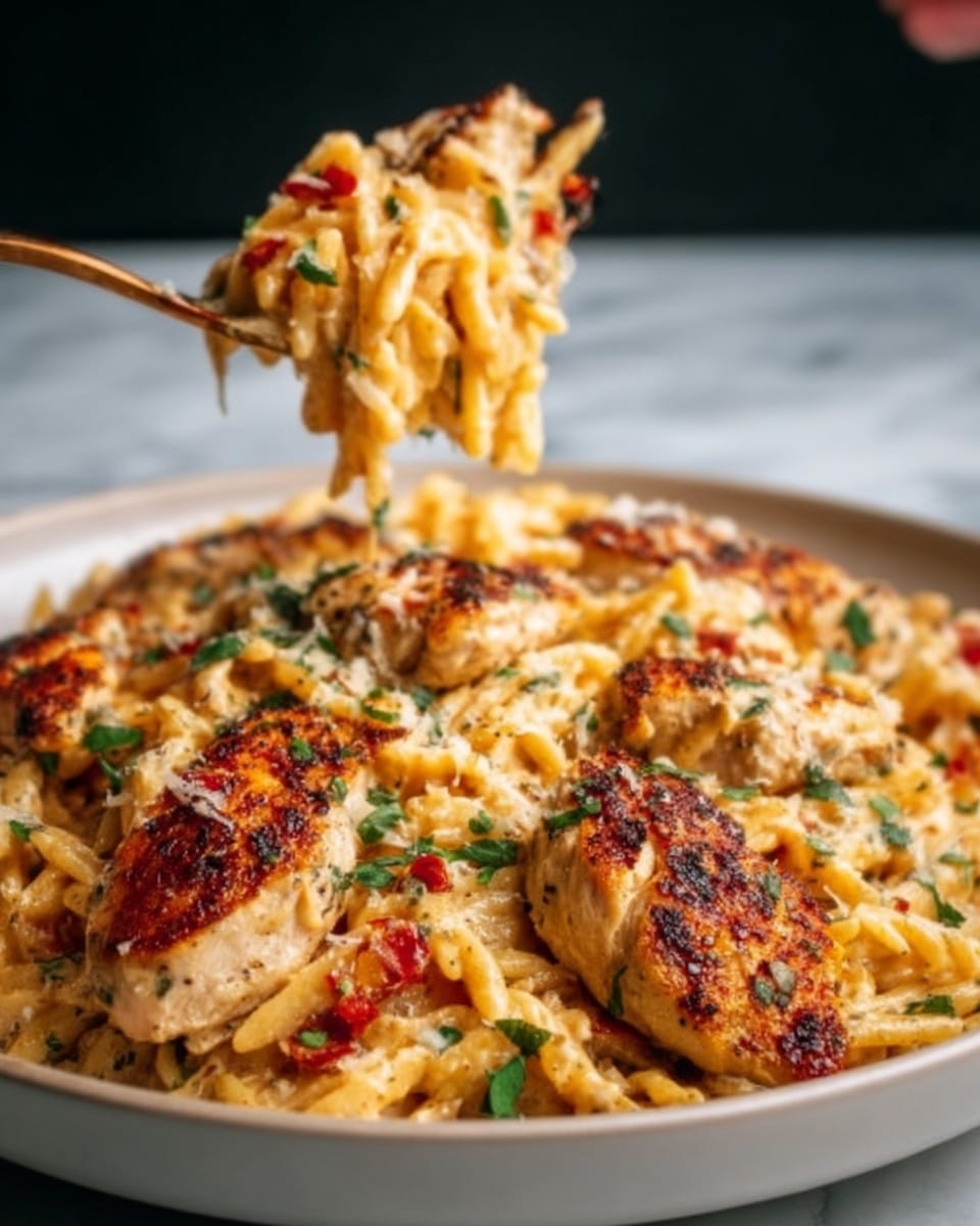 A close-up view of a generous serving of creamy pasta with layers of melted cheese, golden-brown grilled chicken pieces on top, and scattered green herbs and small bits of red seasoning throughout. The pasta has a creamy, slightly orange sauce coating each piece, and the texture looks rich and smooth. Some chicken pieces show clear grill marks and a crispy, seasoned crust. The dish is placed on a clean white plate on a white marbled surface, with a woman's hand lifting a forkful of pasta and chicken, creating a sense of warmth and deliciousness. photo taken with an iphone --ar 4:5 --v 7