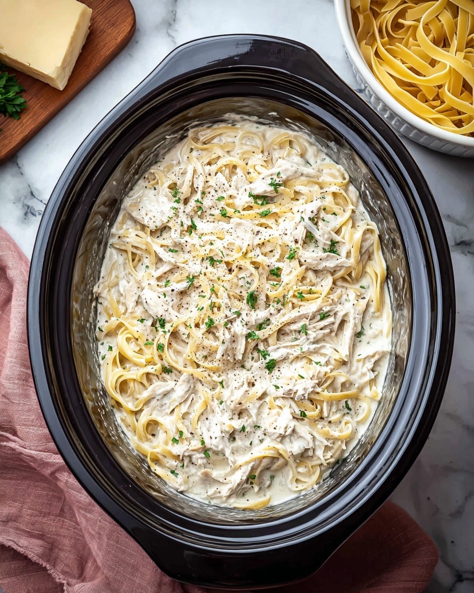 A black oval slow cooker filled with creamy white sauce pasta with visible strands of light yellow fettuccine noodles mixed with shredded white chicken pieces, topped with small green parsley bits and specks of black pepper, placed on a white marbled surface next to a block of cheese on a wooden board and a white bowl filled with uncooked fettuccine pasta, with a pink cloth partially underneath the slow cooker. photo taken with an iphone --ar 4:5 --v 7