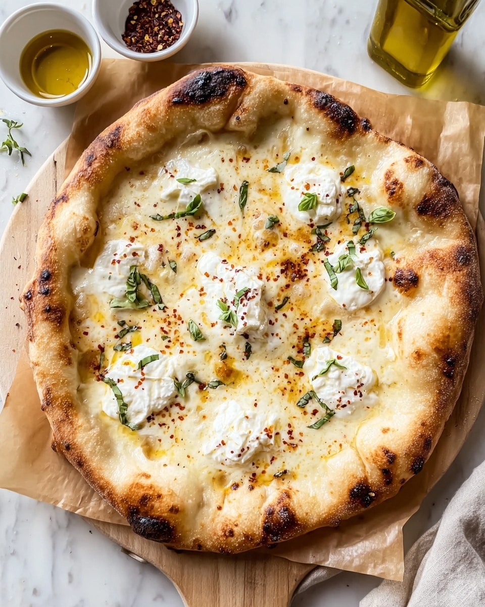 A round pizza with a thick, airy crust that is golden with some charred spots, topped with melted white cheese spread evenly across the surface, and dollops of soft, fluffy white ricotta cheese scattered in a circle. Small green basil leaves are sprinkled lightly over the top along with cracked black pepper, and the cheese shows some golden brown spots from baking. The pizza is placed on parchment paper on a wooden board, with two small bowls of sauces and a bottle of olive oil nearby on a white marbled surface. Photo taken with an iphone --ar 4:5 --v 7