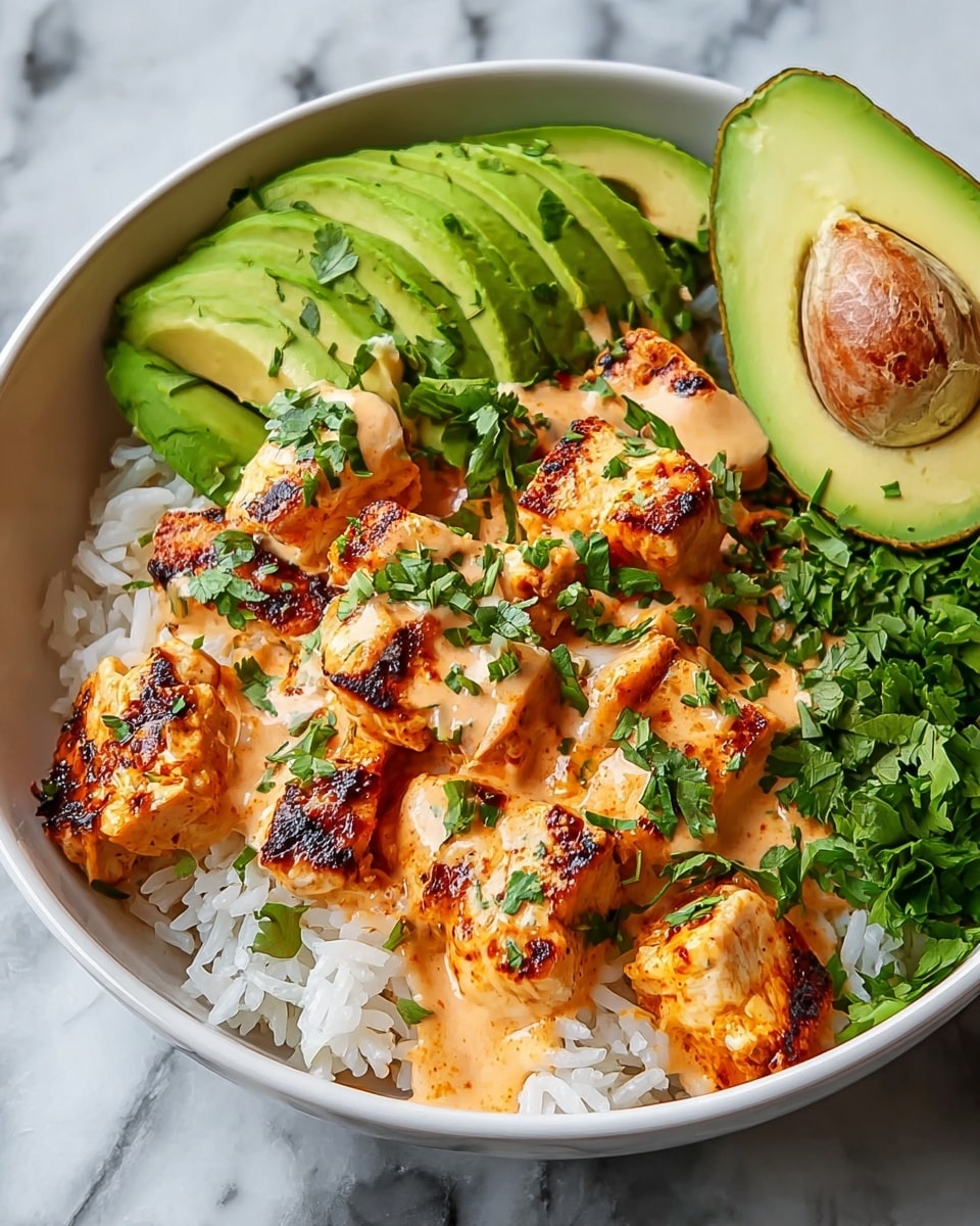 A white bowl with a thin brown rim holds a layered dish: the base is white fluffy rice, topped with grilled chicken chunks covered in a creamy orange sauce, sprinkled with fresh green cilantro leaves. On one side, there are layered slices of bright green avocado, some shaped in half with the pit hole visible, also sprinkled with cilantro. The bowl is set on a background of white marbled texture with a few scattered cilantro leaves around. photo taken with an iphone --ar 4:5 --v 7
