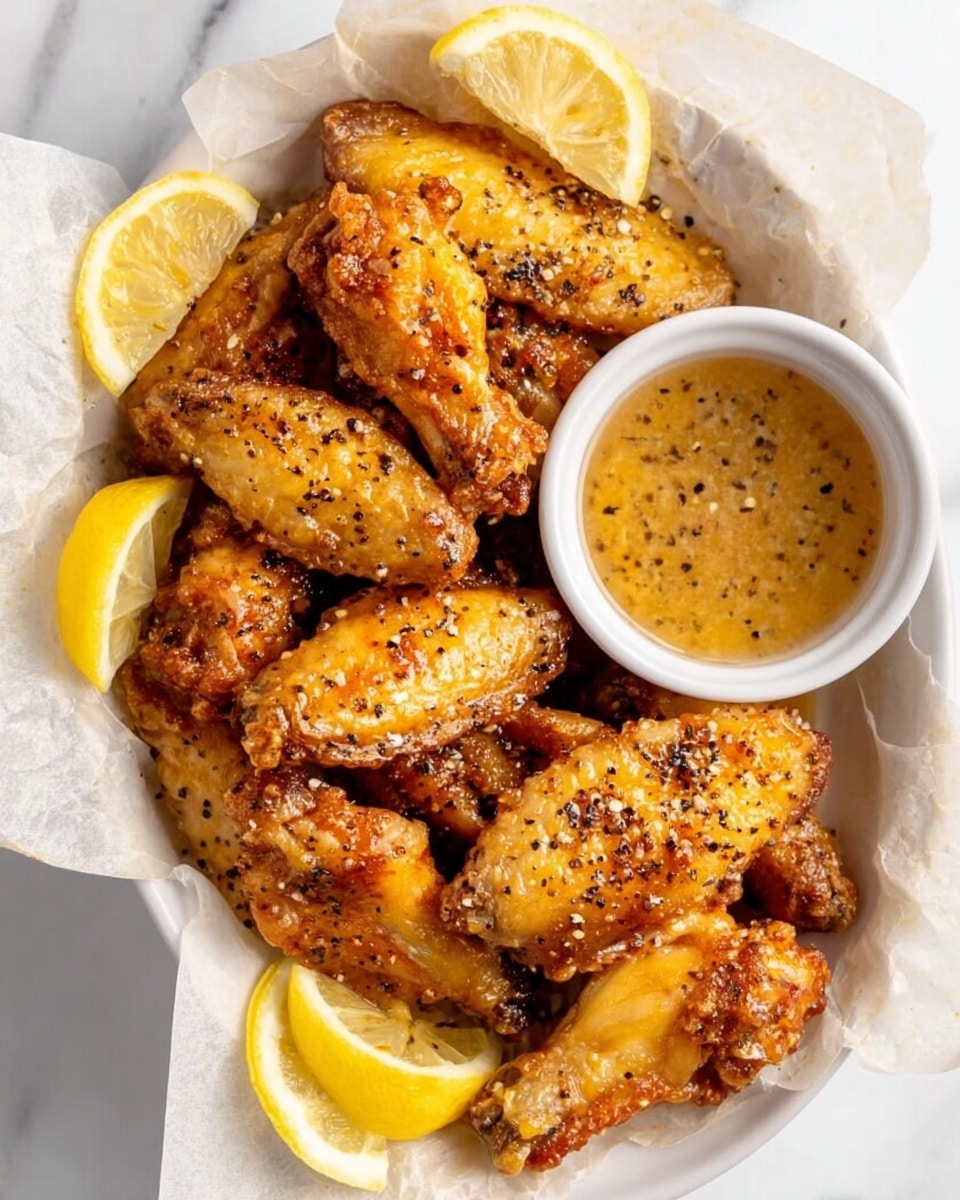The image shows a white bowl filled with around ten crispy, golden-brown chicken wings arranged closely together, with a glaze that looks sticky and shiny. The wings have a slightly textured surface suggesting a crunchy skin with some black pepper specks sprinkled on top. Three lemon wedges with bright yellow flesh and white rind are placed on the sides of the chicken wings, adding a fresh contrast in color. Behind the bowl, there is a smaller white bowl filled with a light brown sauce that has visible black specks, likely pepper. The bowls sit on a white marbled surface, and the wings and bowls cast soft shadows around them. photo taken with an iphone --ar 4:5 --v 7