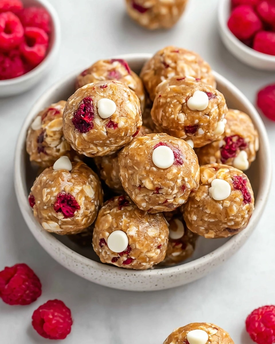 A white bowl filled with about a dozen round energy bites made of oats and peanut butter with bits of bright red raspberries embedded in them, some topped with small white chocolate chips. The energy bites have a rough texture with visible oats and shiny red fruit pieces. Around the bowl, there are white bowls with scattered raspberries resting on a white marbled surface. The image is bright and clear, focusing closely on the snack balls. photo taken with an iphone --ar 4:5 --v 7