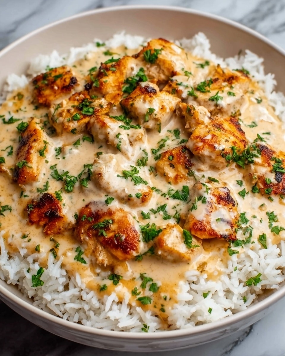 A white bowl filled with a base layer of fluffy white rice, topped with a creamy, thick sauce that is pale orange with golden brown spots of grilled chicken pieces scattered evenly across the surface. The chicken has a slightly charred texture and is garnished with small green parsley leaves distributed on top. The bowl sits on a white marbled surface. Photo taken with an iphone --ar 4:5 --v 7