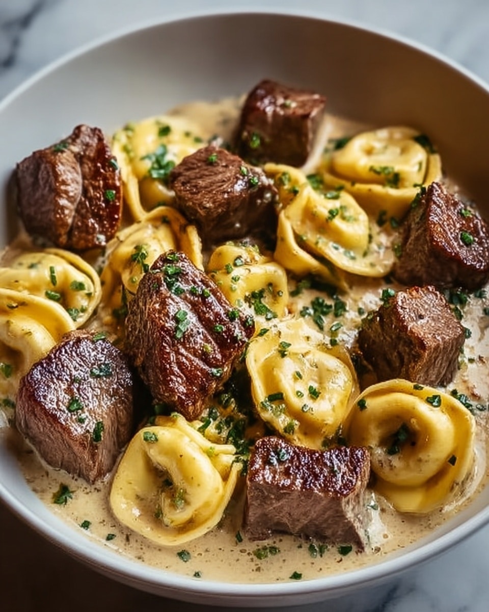 A close-up view of a white bowl filled with two layers: the bottom layer is light yellow tortellini pasta with a smooth, slightly shiny surface, arranged evenly and partly covered by the top layer. The top layer has several thick, dark brown cubes of seared beef with a juicy, slightly crispy texture. Small green herbs are scattered over all the pieces, adding a fresh touch. The bowl is placed on a white marbled surface. Photo taken with an iphone --ar 4:5 --v 7