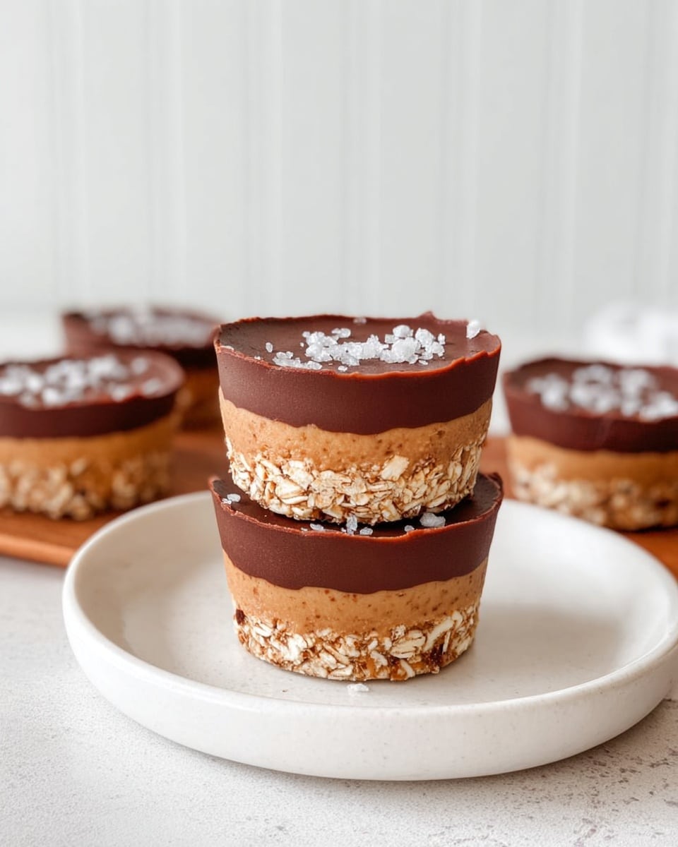The image shows a stack of three round treats on a white plate with a white marbled surface underneath. Each treat has three layers: a bottom layer of light brown chunky texture resembling oats or nuts, a middle layer of smooth, light caramel or peanut butter color, and a top layer of dark, glossy chocolate sprinkled with a few white flakes. In the background, more treats are visible, one lying flat and others stacked. The setting is bright with a white vertical panel backdrop. Photo taken with an iphone --ar 4:5 --v 7