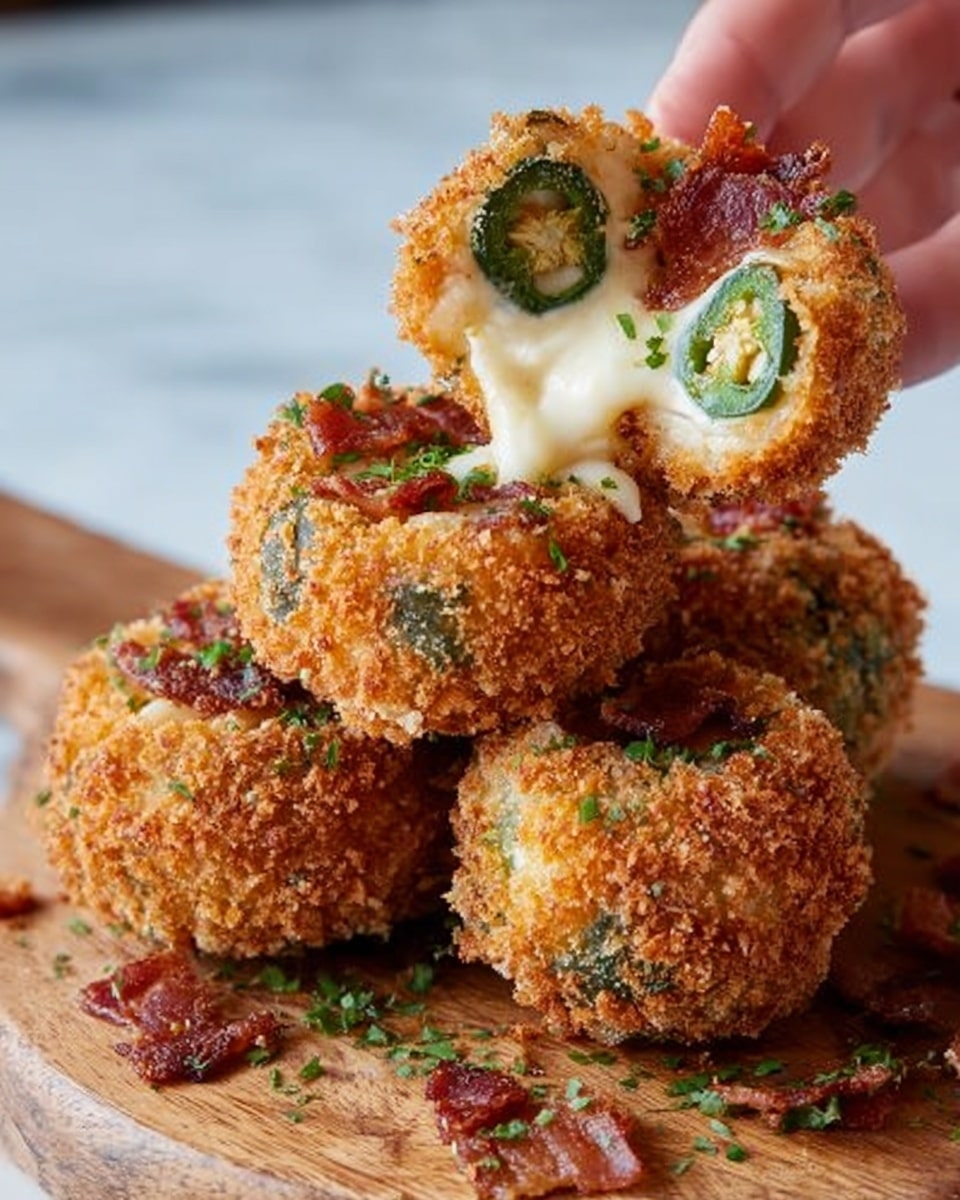 A close-up image of four round, crispy fried jalapeño poppers stacked on a wooden board set on a white marbled surface. Each popper has a golden-brown breadcrumb crust with visible green jalapeño slices and small bits of bacon embedded in the outer layer. The top popper is split open, showing a creamy white melted cheese interior with a jalapeño slice inside. A woman's hand is holding the open popper, emphasizing its gooey texture. Small green herb bits are scattered on the wooden board, adding a fresh touch. Photo taken with an iphone --ar 4:5 --v 7