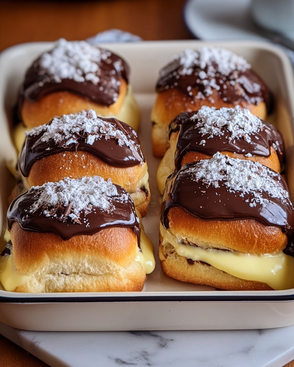 The image shows six soft, fluffy bread rolls arranged in two rows in a white baking tray. Each roll has a golden brown base and is topped with a thick, glossy layer of dark chocolate. Some chocolate toppings have a light dusting of white powdered sugar on top. Inside the bread, a creamy, pale yellow custard filling is visible, oozing out slightly at the edges. The tray is placed on a white marbled surface, adding a clean and bright contrast to the rich colors of the bread and chocolate. photo taken with an iphone --ar 4:5 --v 7