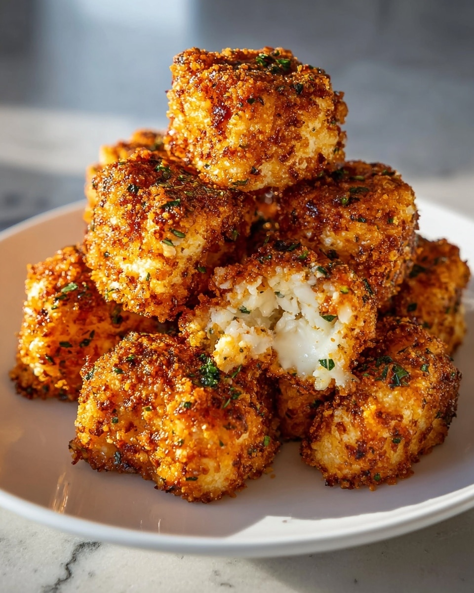 A stack of nine crispy, golden-brown fried cauliflower bites sits on a white plate. Each cauliflower piece has a rough, crunchy coating speckled with green herbs, giving them a textured, crumbly look. The top piece shows the inside, which is soft and white, contrasting with the browned crust. The plate rests on a white marbled surface with soft lighting highlighting the warm, crunchy texture of the cauliflower bites. photo taken with an iphone --ar 4:5 --v 7