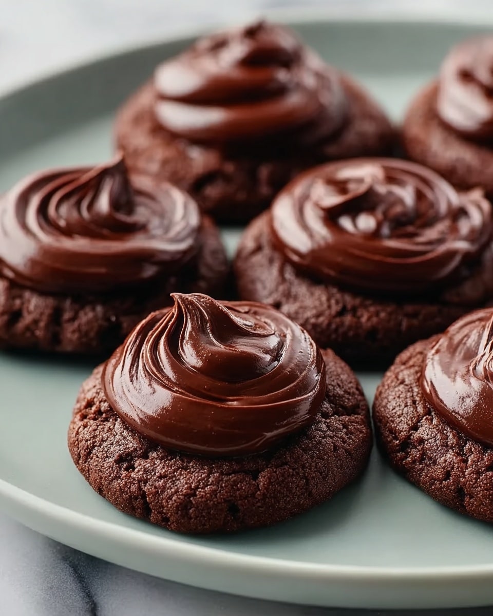 The image shows several dark brown chocolate cookies placed on a round white plate. Each cookie has one thick layer, and on top of that, there is a smooth, shiny, thick swirl of dark chocolate frosting with a glossy texture. The cookies look soft and moist, with the frosting applied in a way that creates rounded peaks and smooth swirls. The plate sits on a white marbled surface, giving a clean and bright background. Photo taken with an iphone --ar 4:5 --v 7