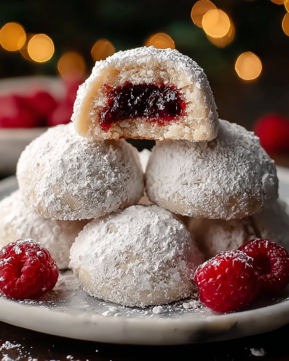 The image shows a close-up of five round snowball cookies covered in white powdered sugar, stacked on a plate with a white marbled texture. One cookie is cut in half and placed on top, revealing a soft beige outer layer with a moist, glossy dark red jam center. The powdered sugar is chunky and unevenly spread over the cookies, with some scattered on the plate. There are fresh red raspberries around the cookies, and warm blurred lights in the dark background. The overall look is cozy and inviting. photo taken with an iphone --ar 4:5 --v 7