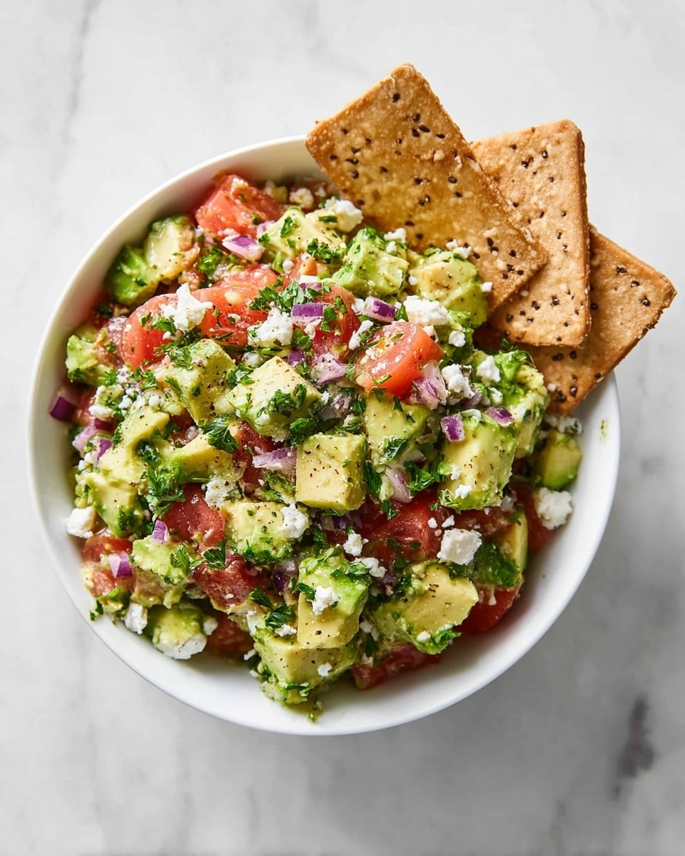 A white bowl filled with a colorful salad made of chunky green avocado pieces, bright red tomato cubes, small white cheese crumbles, finely chopped purple onion, and fresh green parsley leaves scattered throughout. On one side of the bowl, three light brown hexagon crackers with visible seeds are placed, slightly leaning against the salad. The bowl is set on a white marbled surface, showing a clean and bright background. photo taken with an iphone --ar 4:5 --v 7