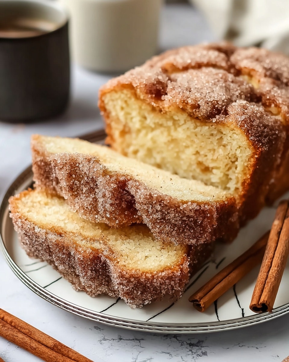 A loaf of cinnamon sugar bread is shown sliced on a white plate with faint black lines. The bread has three thick layers of spongy light yellow cake with a sugar and cinnamon crust that looks crunchy with big sugar crystals on top. The bottom edges of the bread are golden brown and slightly shiny. Two cinnamon sticks lie next to the plate on a round silver tray. The background is a soft white marbled texture with blurred items including a dark cup and a white container. Photo taken with an iphone --ar 4:5 --v 7