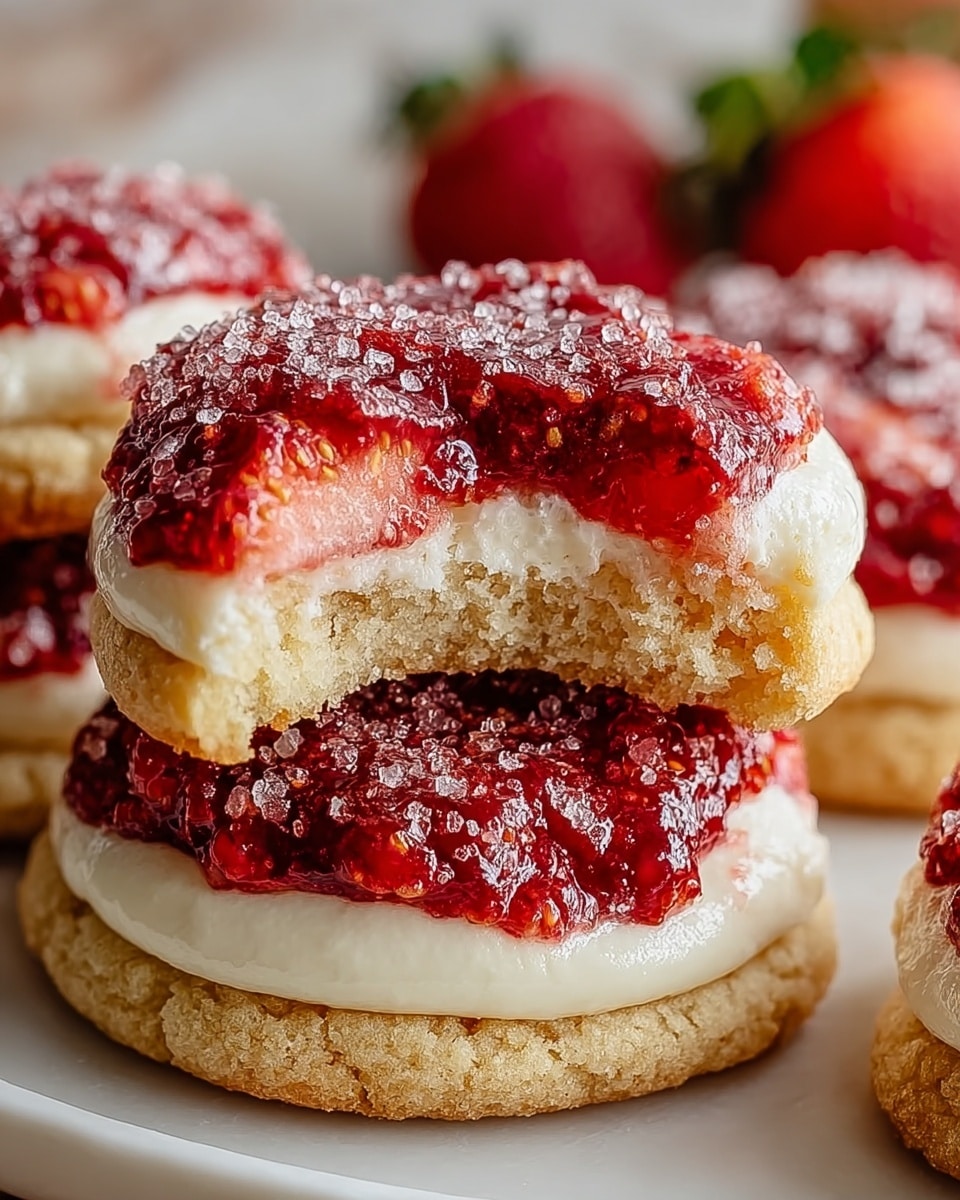 The image shows soft cookies with three clear layers, stacked close together. The bottom layer is a light brown, slightly crumbly cookie base. The middle layer is creamy white, smooth and soft, sitting just above the cookie layer. The top layer is thick, bright red strawberry jam mixed with pieces of fresh strawberries, glistening with coarse sugar crystals that add texture and shine. One cookie in the middle has a bite taken out, revealing the creamy layer inside. The cookies are placed on a white plate over a white marbled background. Photo taken with an iphone --ar 4:5 --v 7