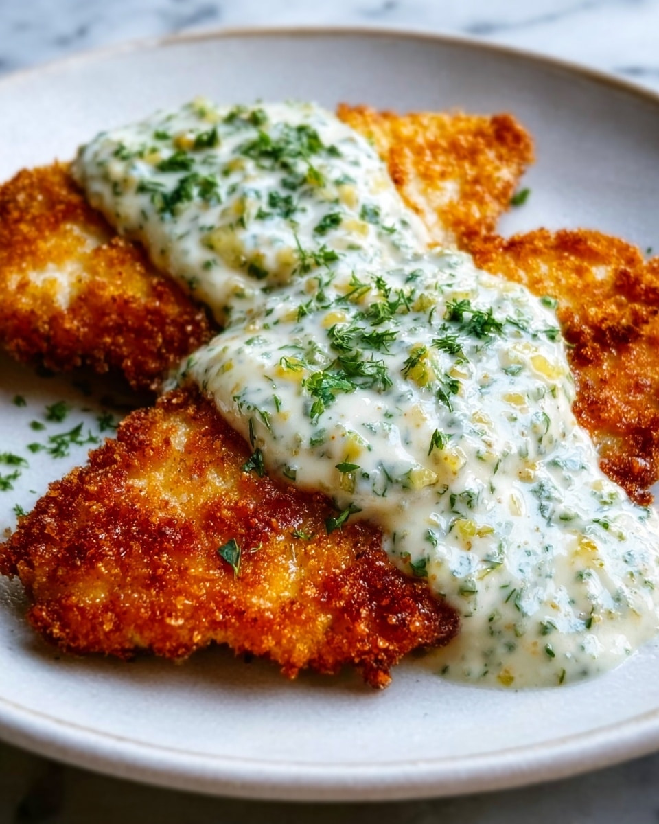 The image shows two pieces of golden brown fried fish fillets on a white plate, each topped with a thick layer of creamy white tartar sauce with green herbs sprinkled throughout. The sauce covers the top center part of each fillet, creating a textured and slightly uneven layer. The crispy, rough texture of the fried fish contrasts with the smooth and creamy sauce above. The plate sits on a white marbled surface which adds a clean and elegant background to the dish. photo taken with an iphone --ar 4:5 --v 7