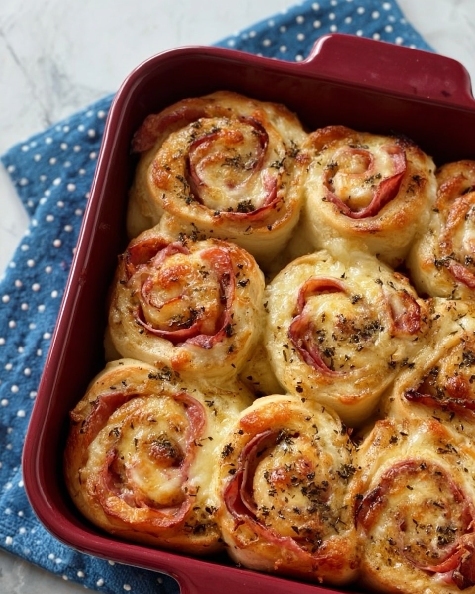 The image shows seven baked rolls in a red baking dish, arranged closely in two rows with one roll missing from the third row. Each roll has a spiral shape with visible layers of soft, golden-brown dough and melted cheese that is slightly browned on top. Inside the spirals, slices of reddish-pink ham are visible along with a sprinkling of dark herbs on the surface, adding texture and contrast. The baking dish sits on a blue cloth with white polka dots, placed on a white marbled textured surface. photo taken with an iphone --ar 4:5 --v 7