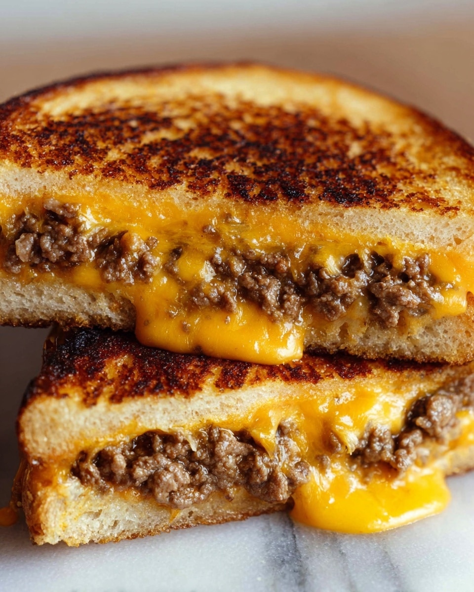 A close-up view of a grilled sandwich cut in half, showing three layers: the top layer is toasted golden brown bread with a slightly charred texture, the middle layer contains crumbled, cooked ground meat with a brown, moist texture, and the bottom layer has melted bright yellow cheddar cheese oozing slightly, all held between the slices of bread. The sandwich rests on a white marbled surface. photo taken with an iphone --ar 4:5 --v 7