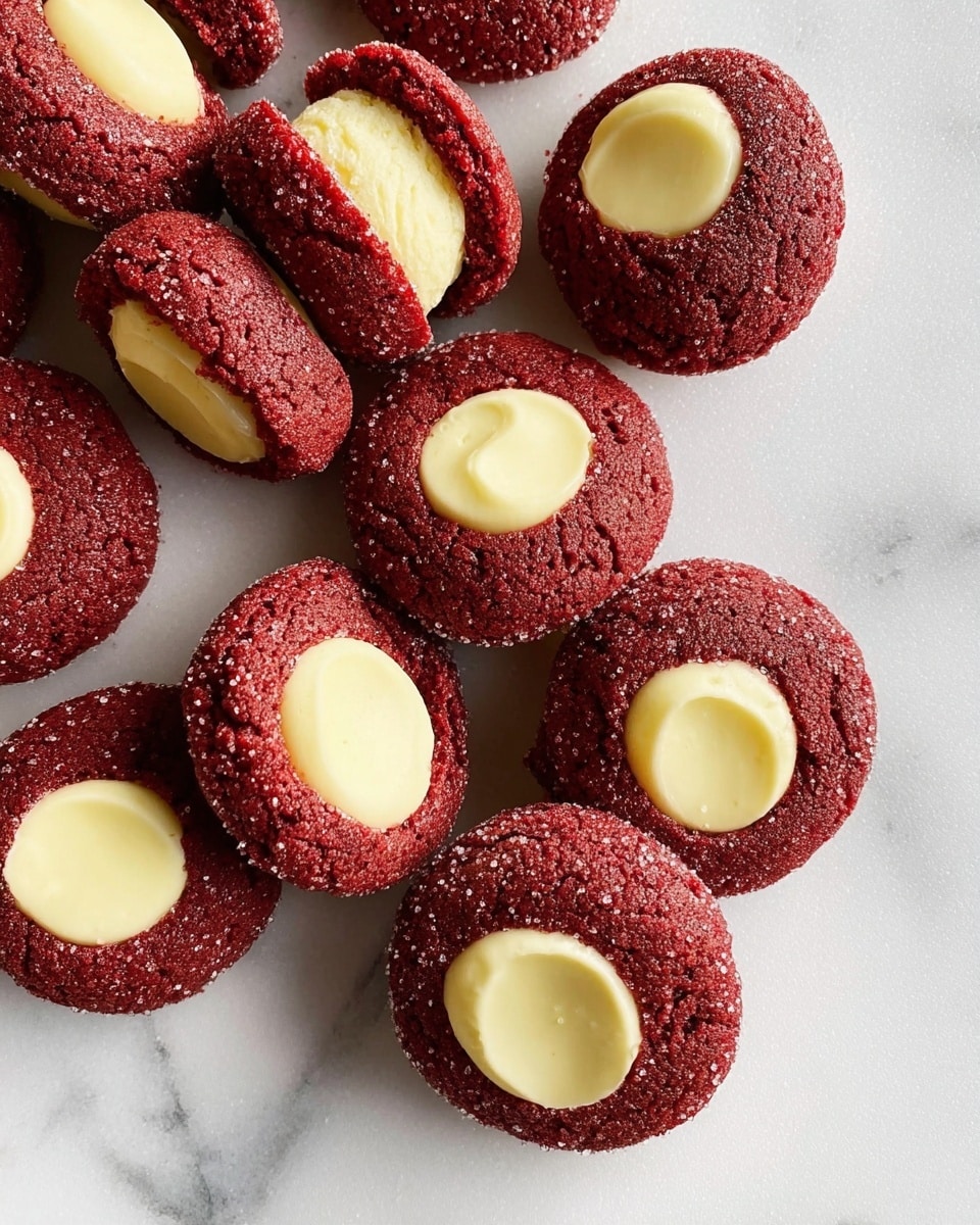 This image shows several round cookies scattered on a white marbled surface. Each cookie has two layers: the outer layer is a deep red color with a slightly cracked texture, and the center is filled with a smooth, pale yellow cream. The cream filling appears soft and a little glossy. The cookies look soft and freshly baked, with a light dusting of sugar on the red outer part. photo taken with an iphone --ar 4:5 --v 7