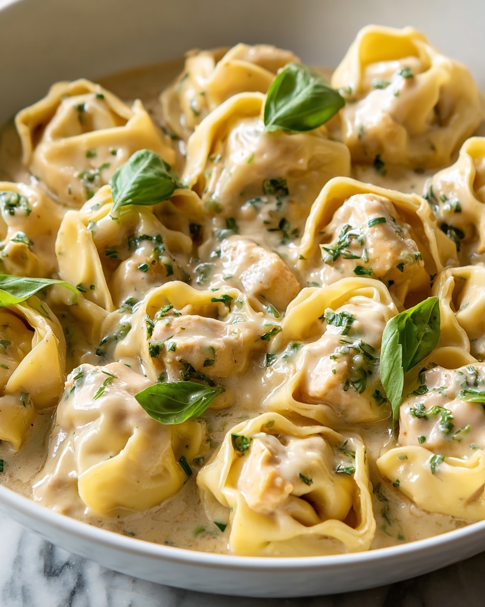 The image shows a close-up of a white dish filled with tortellini pasta in a creamy beige sauce. The tortellini are yellow with a smooth texture, each piece stuffed and folded neatly, creating a plump, rounded shape. The creamy sauce coats the pasta well, with a slightly glossy finish, and is sprinkled with small green herb bits. Fresh small basil leaves with a bright green and smooth texture are scattered on top, adding a fresh contrast to the dish’s creamy and soft tones. The overall look is rich and inviting, with a white marbled surface in the background. photo taken with an iphone --ar 4:5 --v 7