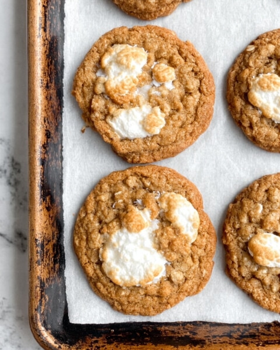 The image shows a close-up view of four round oatmeal cookies on a baking tray lined with white parchment paper. Each cookie is golden brown with a slightly rough, crumbly texture and has patches of melted white marshmallow embedded on top, giving them a soft, gooey look. The baking tray has a dark, worn metal frame with scratches and discoloration. The background has a white marbled texture. photo taken with an iphone --ar 4:5 --v 7