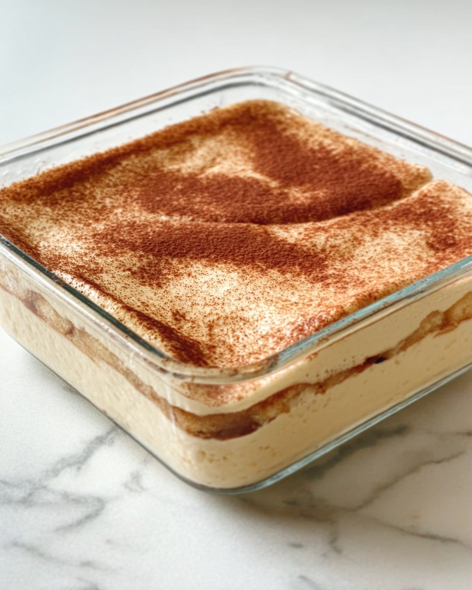 The image shows a square glass baking dish filled with a layered dessert. The bottom layer looks creamy and pale pink, smooth in texture, followed by a thick, lighter cream layer above it. The top layer is a golden brown, slightly uneven and dusty with a fine powder, likely cinnamon or cocoa. The dish sits on a white marbled surface, and a woman's hand is slightly visible near the dish. Photo taken with an iphone --ar 4:5 --v 7