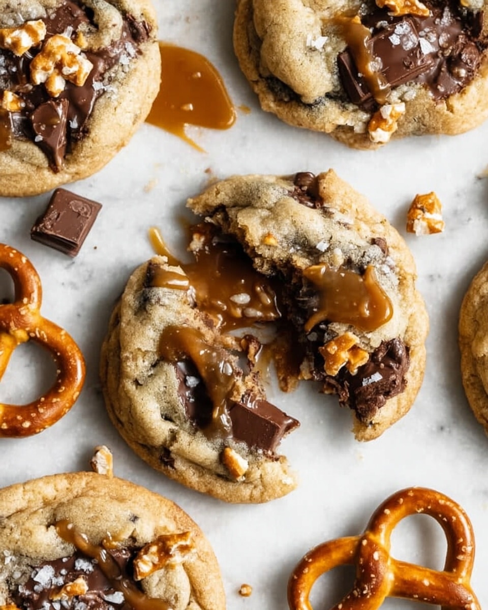The image shows a close-up of soft chocolate chip cookies on a white marbled surface, each cookie topped with melted chocolate chunks, caramel drizzles, and small broken pieces of pretzels. One cookie in the center is broken in half, revealing a gooey, melted inside with rich dark chocolate and sticky caramel, while the pretzel pieces add a crunchy texture. There are whole pretzels scattered around the cookies, adding contrast with their golden brown color and salt crystals. The cookies have a light golden brown color with slightly crispy edges and soft centers. photo taken with an iphone --ar 4:5 --v 7