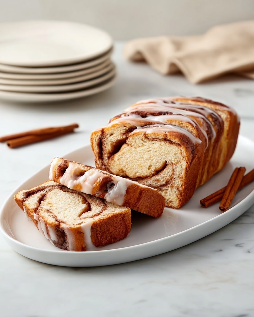 A cinnamon swirl bread loaf with three thick slices cut and laid in front on a white oval plate, showing soft, light inside layers contrasted with dark cinnamon swirl layers that twist through the bread; the top of the loaf is drizzled with a shiny, white icing glaze that follows the swirl pattern, and two cinnamon sticks rest next to the bread; the background is a white marbled texture with a stack of white plates and a beige cloth slightly blurred in the distance, creating a calm and clean setting. photo taken with an iphone --ar 4:5 --v 7