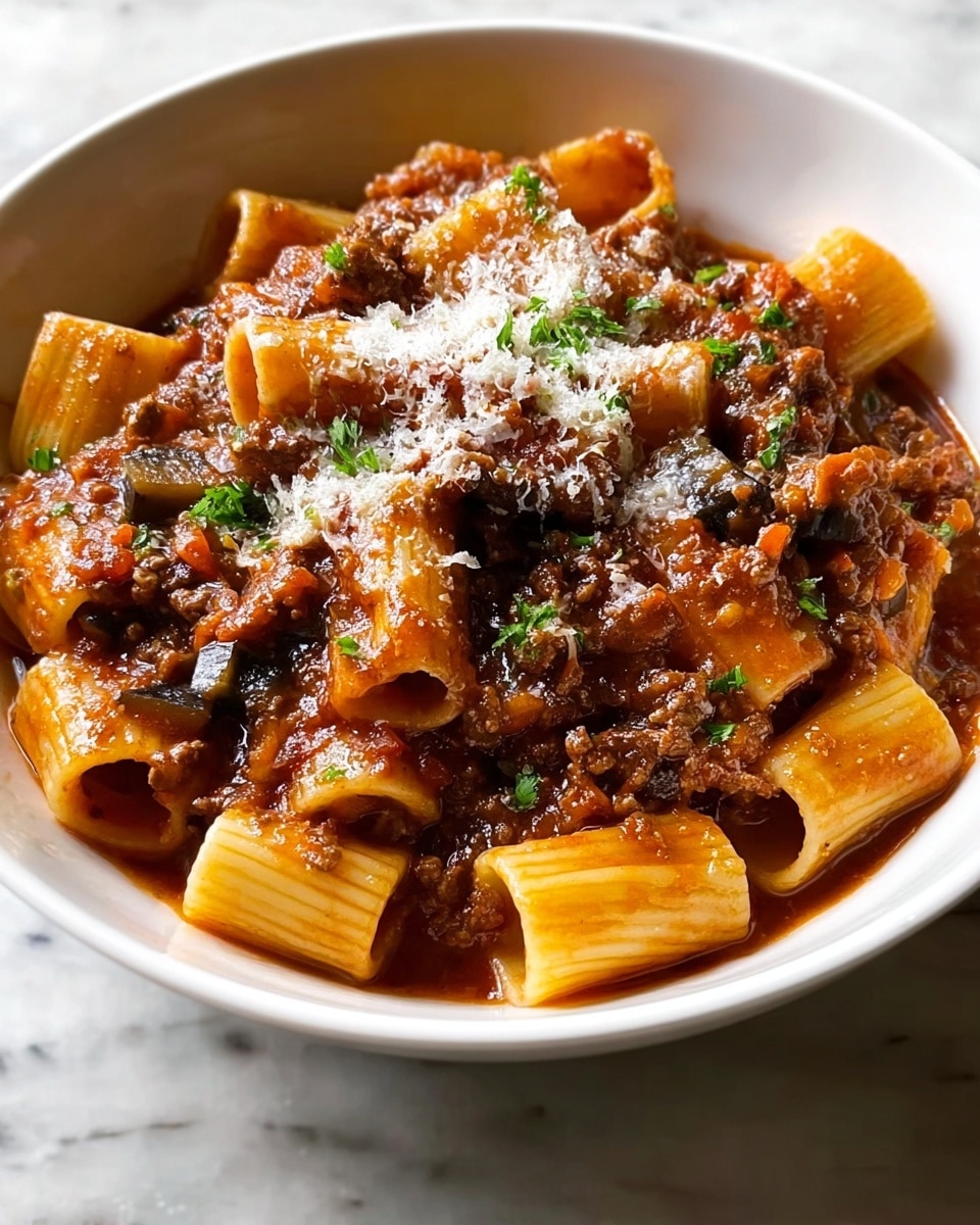 A white bowl is filled with thick pasta tubes coated in a rich, chunky brown meat sauce with visible pieces of ground meat and diced vegetables like carrots and eggplant. The sauce has a glossy texture, surrounding the pasta in a deep reddish-brown color. Small green herb bits are sprinkled throughout, with a light dusting of grated cheese on top, adding a soft off-white layer that stands out against the darker sauce. The dish looks warm and hearty, placed on a white marbled texture surface. photo taken with an iphone --ar 4:5 --v 7