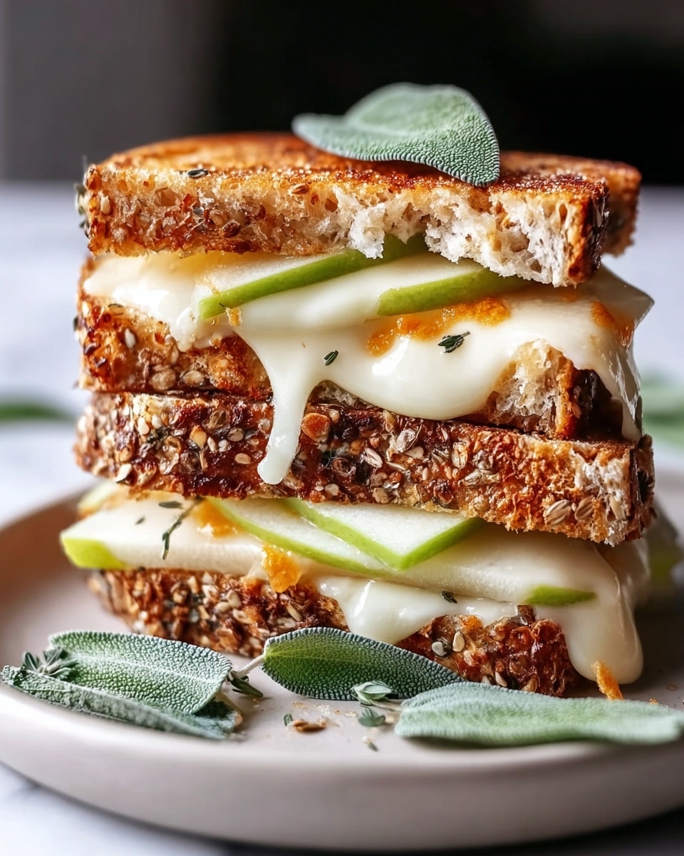 A close-up view of a grilled cheese sandwich cut into two triangular halves stacked on each other, placed on a white plate with a white marbled surface underneath. The sandwich has a total of three layers of golden-brown toasted bread with visible seeds on the crust. Between the bread layers, there is a thick layer of melted white cheese that oozes out, bright orange cheese slices, and thin green apple slices. Fresh green sage leaves are placed on top and around the sandwich for garnish. The overall look is warm, gooey, and crunchy. Photo taken with an iphone --ar 4:5 --v 7