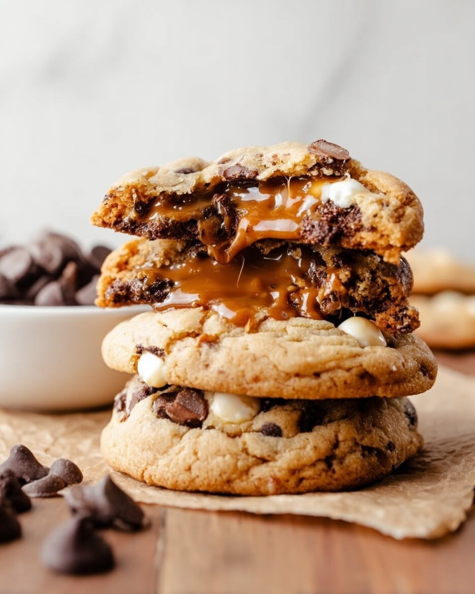 A stack of three thick chocolate chip cookies sits on a wooden surface with a white marbled background. The bottom cookie is whole, light golden brown with visible dark and white chocolate chips on its rough, chewy surface. The middle cookie is broken in half, showing gooey, melted caramel dripping between the broken layers and melted chocolate chips scattered throughout the soft interior. The top cookie is cracked and slightly tilted, revealing more melted caramel oozing out with a soft, chewy texture and golden-brown color. In the foreground to the left, a white bowl filled with dark chocolate chips is partially visible. Photo taken with an iphone --ar 4:5 --v 7
