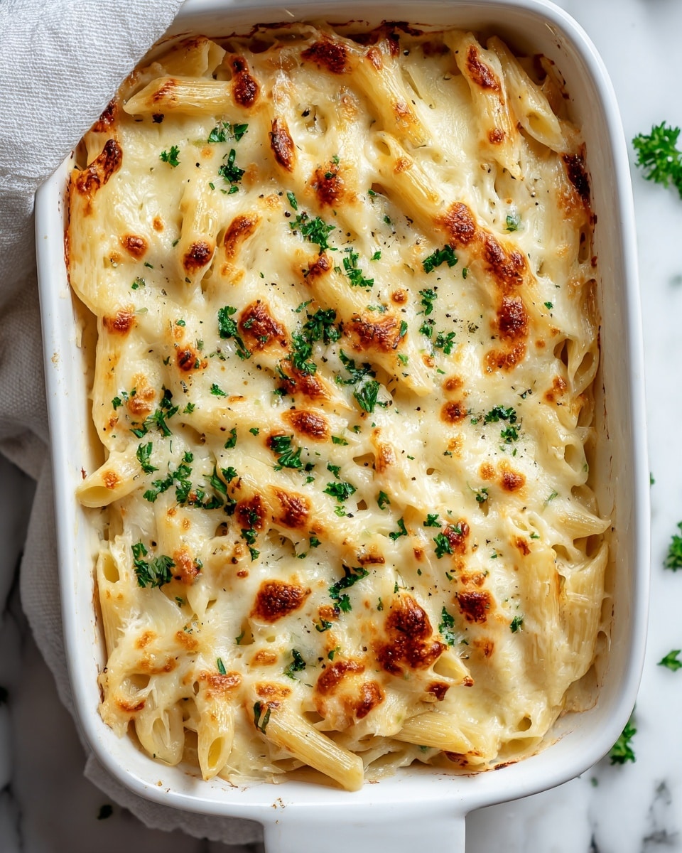 A white rectangular baking dish filled with baked penne pasta layered with creamy melted cheese that has golden-brown spots on top, sprinkled with chopped green parsley and cracked black pepper. The penne pasta is pale yellow with smooth texture, mixed evenly with the rich, gooey cheese sauce that fills the gaps. Some cheese is slightly browned and bubbly around the edges, giving a crispy texture. There are small bits of parsley scattered on and around the dish on a white marbled surface, with a light cloth partially visible on the left side. photo taken with an iphone --ar 4:5 --v 7