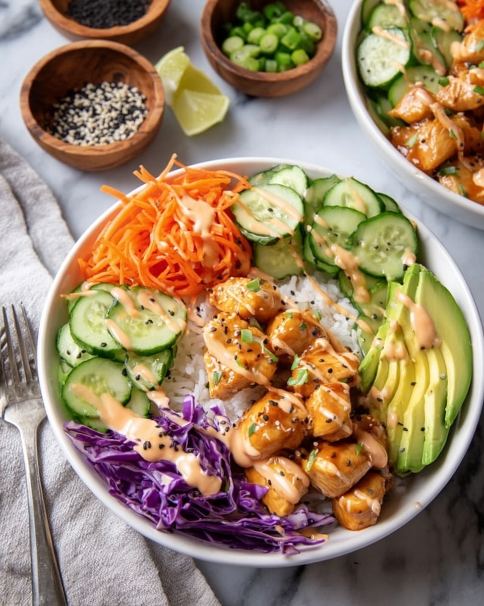 A white bowl contains a colorful layered dish starting with a base of white rice topped with bright orange shredded carrots, sliced green cucumbers arranged in a semi-circle, and shredded purple cabbage on one side. In the center, there are golden brown glazed chicken pieces, slightly shiny with sauce. On one side of the bowl, there are thin slices of green avocado neatly fanned out. A light orange creamy sauce is drizzled over the chicken, avocado, and vegetables. The bowl sits on a white marbled surface with a silver fork next to it and small wooden bowls with black sesame seeds and sliced cucumbers nearby. Photo taken with an iphone --ar 4:5 --v 7