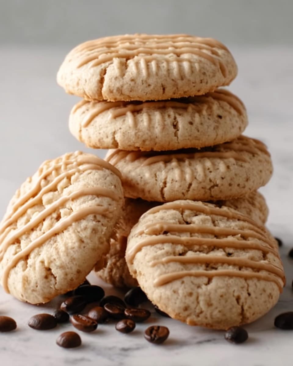A stack of six round cookies with light golden-brown color sits on a white marbled surface, each cookie showing soft ridges from the baking process and drizzled with thin lines of light tan icing on top. The cookies have slightly cracked textures, revealing a crumbly inside, and a few dark brown coffee beans are scattered casually around the base of the stack, adding contrast. The cookies look soft and fresh, gently piled in a loose tower with some leaning against each other. Photo taken with an iphone --ar 4:5 --v 7