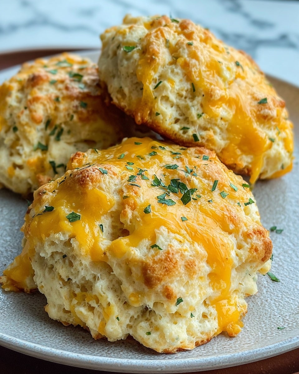 The image shows three cheese biscuits placed closely on a white, slightly textured plate. Each biscuit has a fluffy, rough surface with a very light golden-brown color. The top layer is melted cheddar cheese, dripping slightly over the edges with an orange-yellow hue, giving a shiny and gooey texture. Small bits of green herbs are sprinkled on top, adding a fresh touch. The background is a white marbled texture. photo taken with an iphone --ar 4:5 --v 7