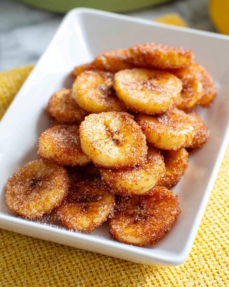 A white rectangular dish holds about four layers of small, round, thick slices of golden-brown fried bananas stacked loosely. Each slice is coated evenly with a layer of light brown cinnamon and sugar, giving a sprinkled texture on the crispy surface. The background features a white marbled texture with a yellow waffle-patterned cloth beneath the dish. The scene is softly lit, highlighting the warm, caramelized color of the bananas. photo taken with an iphone --ar 4:5 --v 7
