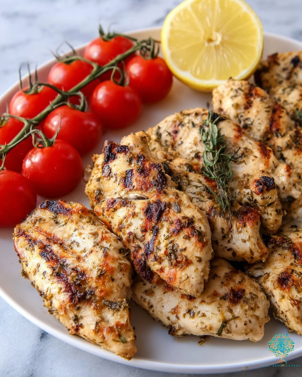 The image shows a close-up of several grilled chicken pieces arranged on a white plate, each piece golden brown with visible grill marks and sprinkled herbs giving a textured look. To the left of the chicken, a bright cluster of red cherry tomatoes still attached to green stems sits next to a half lemon cut side up, showing its pale yellow juicy inside. The plate rests on a white marbled surface, adding a clean and fresh background to the warm colors of the food. photo taken with an iphone --ar 4:5 --v 7